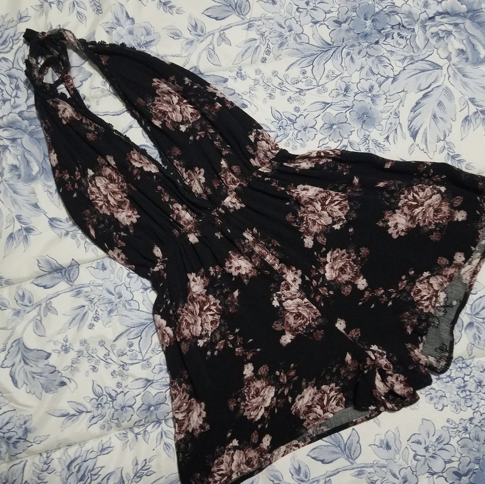 Black and Pink Backless Floral Romper